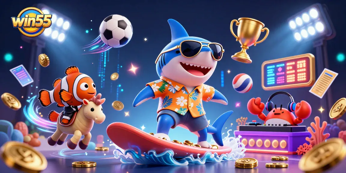 Win55 platform showcases thrilling gaming experiences with lively characters amidst dynamic elements.