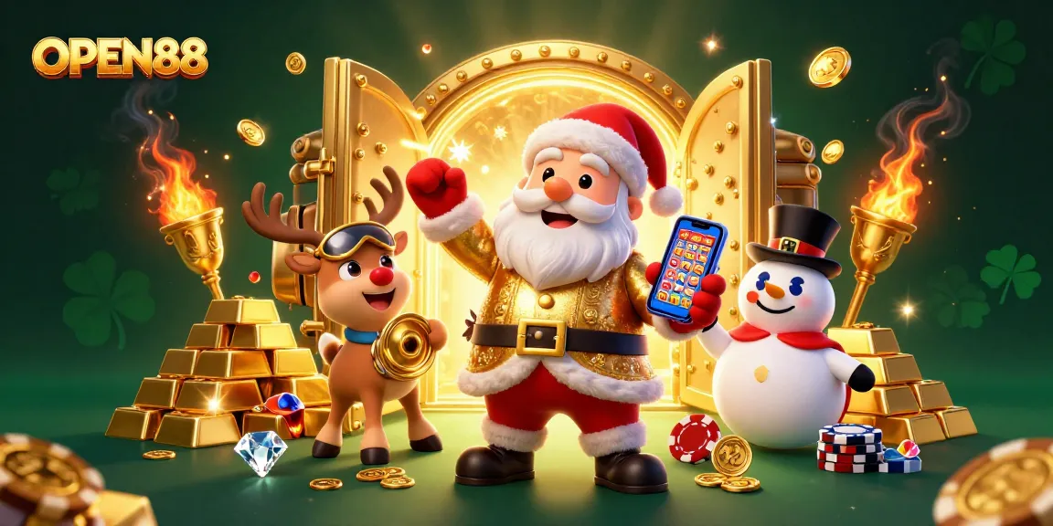 Spin for big wins with OPEN88 in this festive 3D casino illustration featuring Santa and friends.