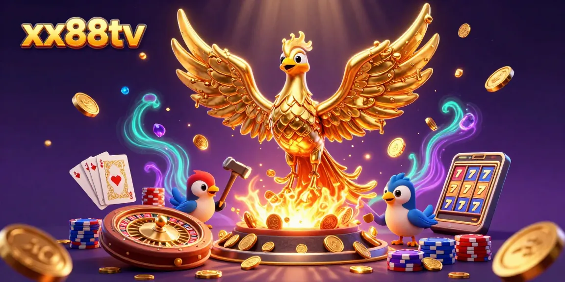Experience thrilling gameplay with the golden phoenix at xx88tv, surrounded by sparkling coins and cards.