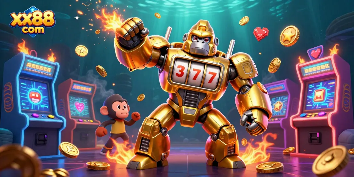 Experience thrilling wins with xx88 com, featuring a golden gorilla mech and vibrant casino elements.