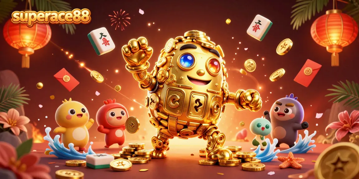 Engage with superace88, featuring a dynamic 3D illustration of a golden golem and festive gaming elements.