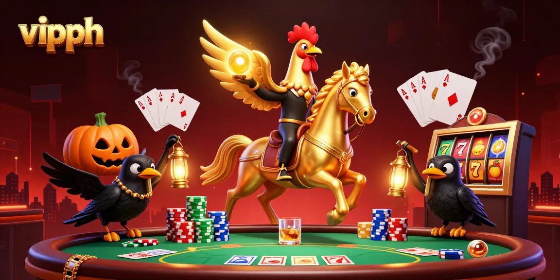 Experience thrilling casino action at vipph with a golden rooster and friends amidst poker games and glitzy decor.