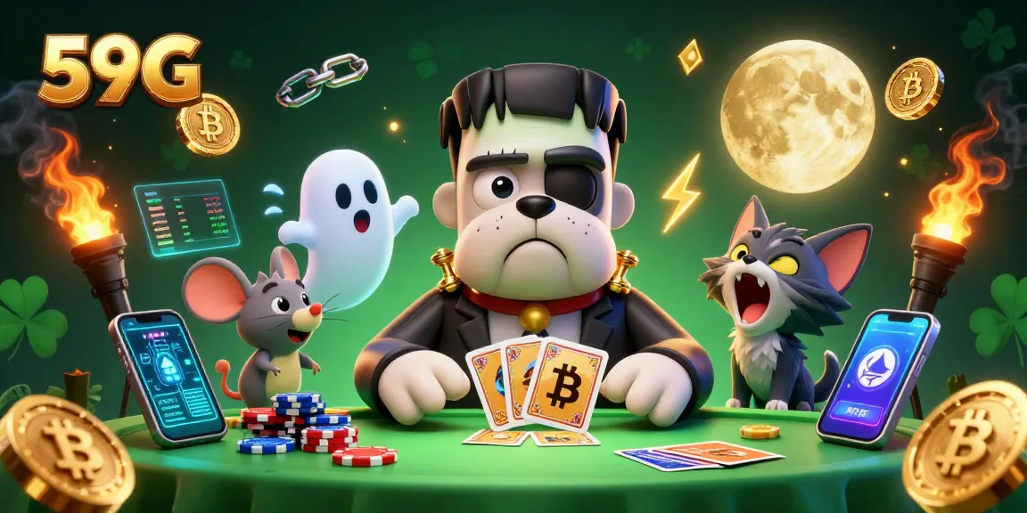 Experience the thrill of gaming at 59G with a lively scene of a bulldog dealer and exciting gaming elements.