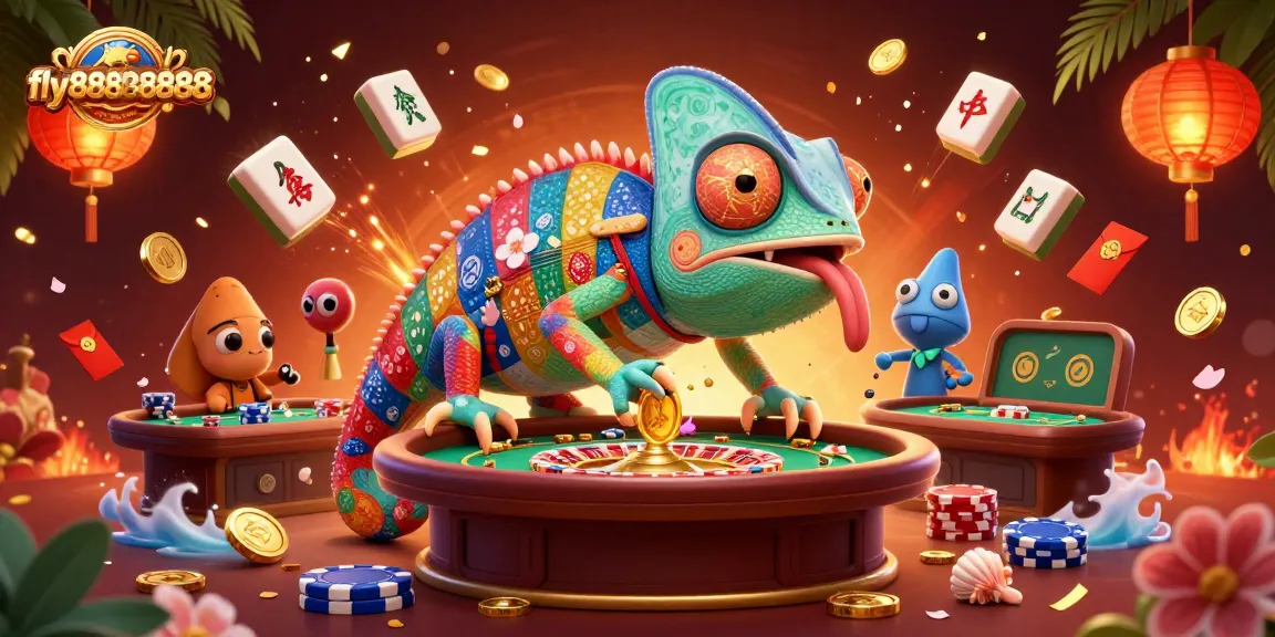 Experience the excitement at fly88888888 with a vibrant chameleon owner amid dynamic gaming elements.