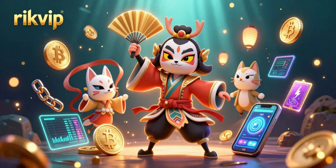 Experience the thrill of rikvip with vibrant characters and glowing crypto elements in a dynamic casino scene.