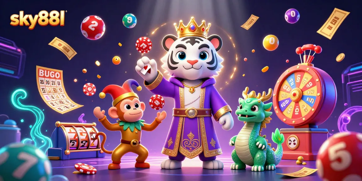 Engage with sky88l’s vibrant casino world as an elegant white tiger and playful monkey juggle winnings amid a dynamic 3D illustration.