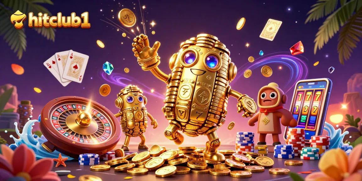 Engage with hitclub1 in a vibrant casino scene featuring a golden golem and exciting game elements.