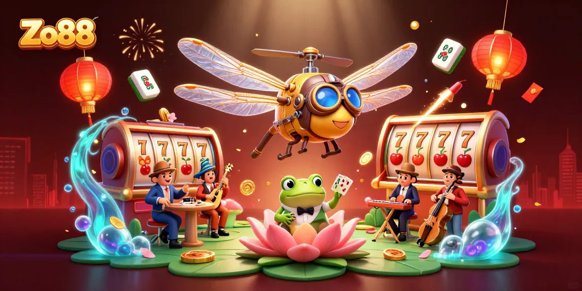 Engage with Zo88's thrilling slot games in this vibrant casino illustration scene.