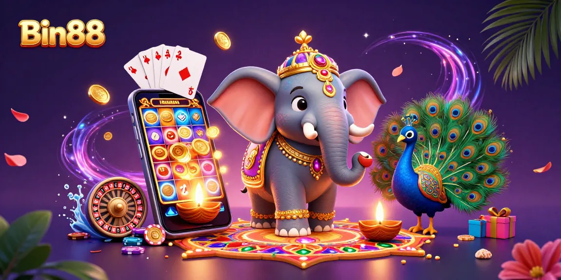 Experience the vibrant world of Bin88 with dynamic casino elements and festive characters.
