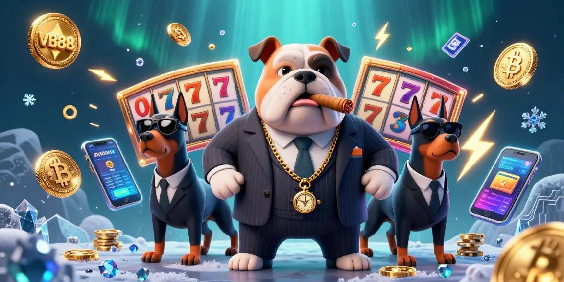 Visualizing VB88 with a mafia boss bulldog and Doberman guards amidst slot reels and neon crypto coins