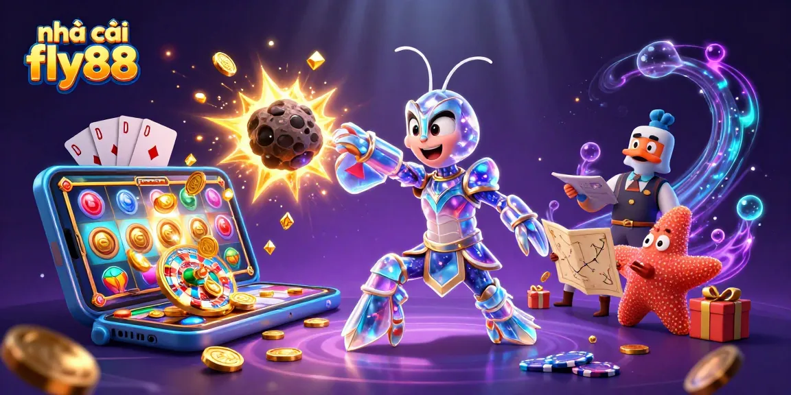 Engage with nhà cái fly88 as a galactic samurai mantis shrimp battles an asteroid bursting with gold.