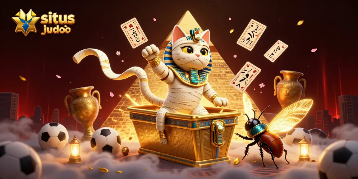 Situs judi bola menarik dengan karakter kucing mummy dan scarab dalam kasino yang memancarkan energi dan kemenangan.