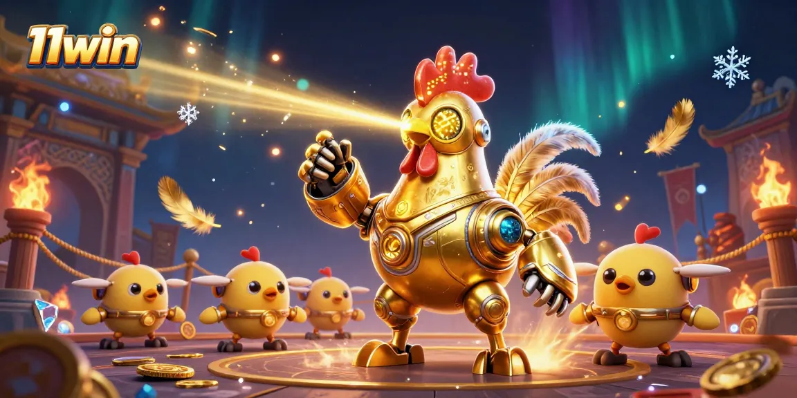 Engage in thrilling gameplay at 11win with electrifying visuals of a robotic rooster and dynamic casino elements.