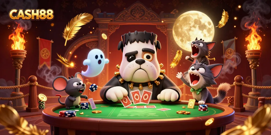 CASH88 card dealing showdown with a ghost mouse and werewolf kitten in a vibrant, 3D illustrated casino scene.