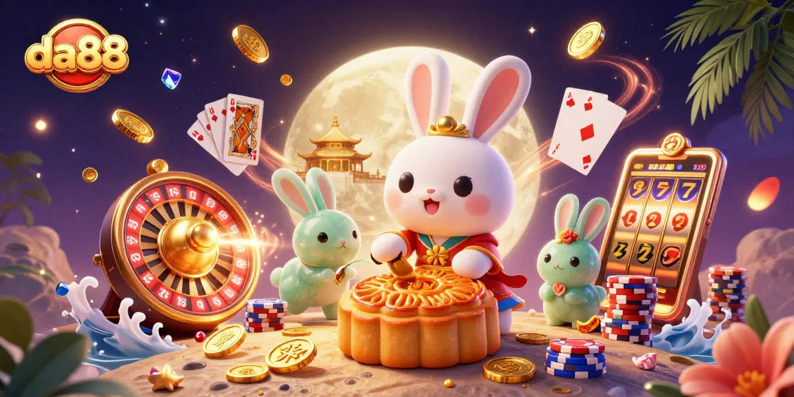 Experience exciting gameplay with da88, featuring a moon rabbit revealing poker chips amidst vibrant casino elements.