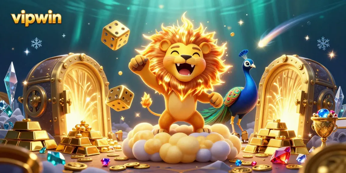Join the excitement with the roaring lion at vipwin, as golden treasures and vibrant gems abound in this thrilling casino scene.