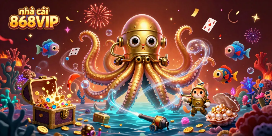 Engage in thrilling gameplay with nhà cái 868VIP, featuring a scene filled with treasures, kraken, and more.