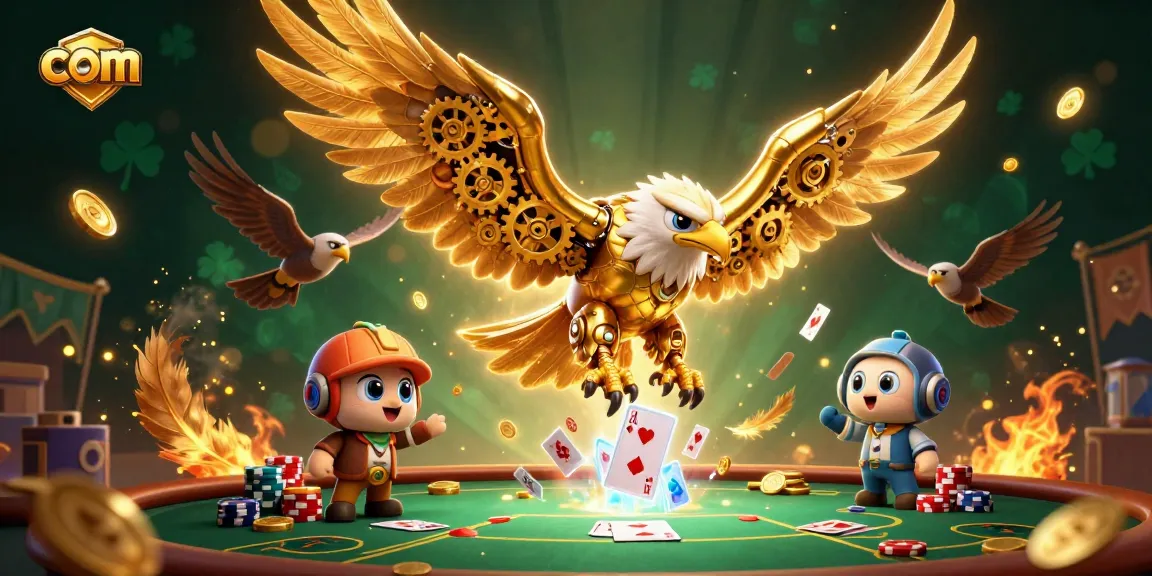 Engage in thrilling poker action with com, featuring a vibrant royal flush and golden eagle.
