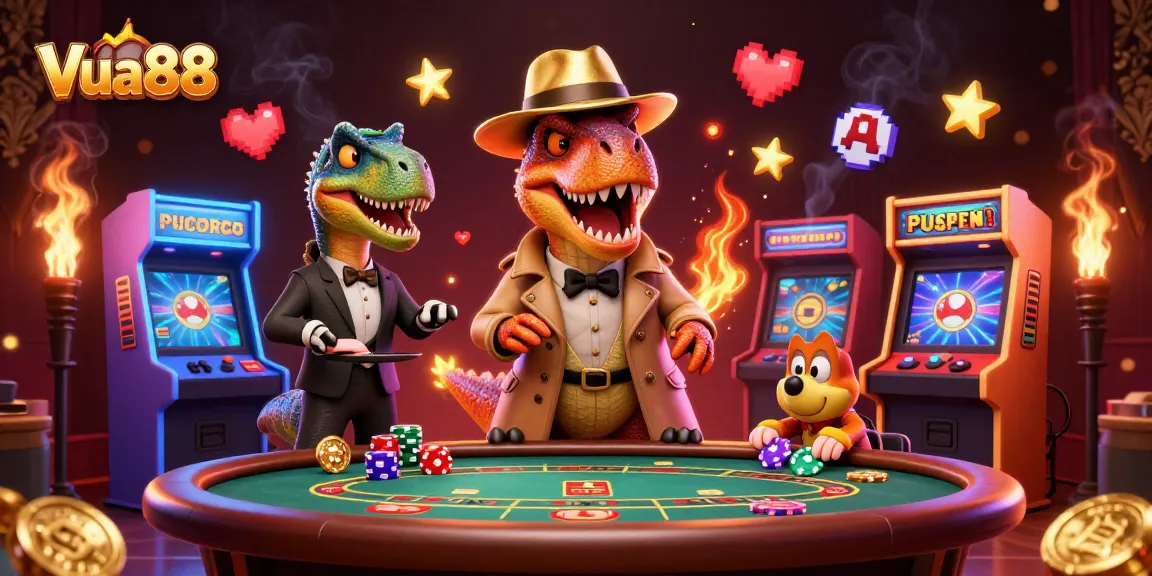 Vua88 showcases a thrilling casino scene with a velociraptor card counter and vibrant gaming elements.