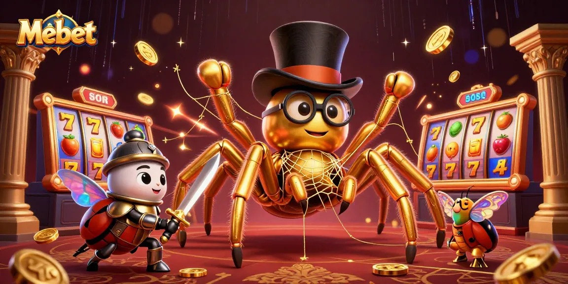Mebet showcases a vibrant 3D casino scene with dynamic slot game elements and engaging characters.