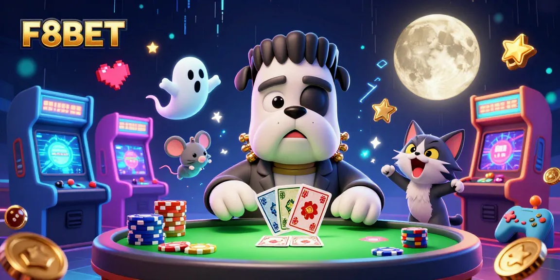 F8BET showcases thrilling card dealing by a cartoon monster and ghost mouse in a vibrant casino illustration.
