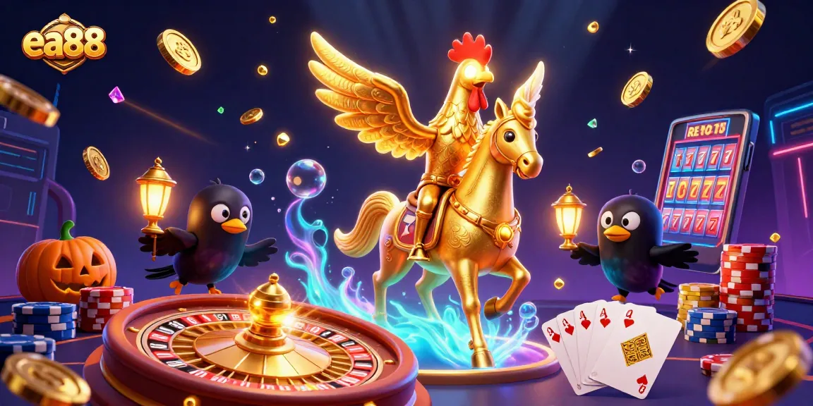 Engage in immersive gaming fun with ea88's vibrant 3D casino illustration showcasing a golden rooster and magical elements.