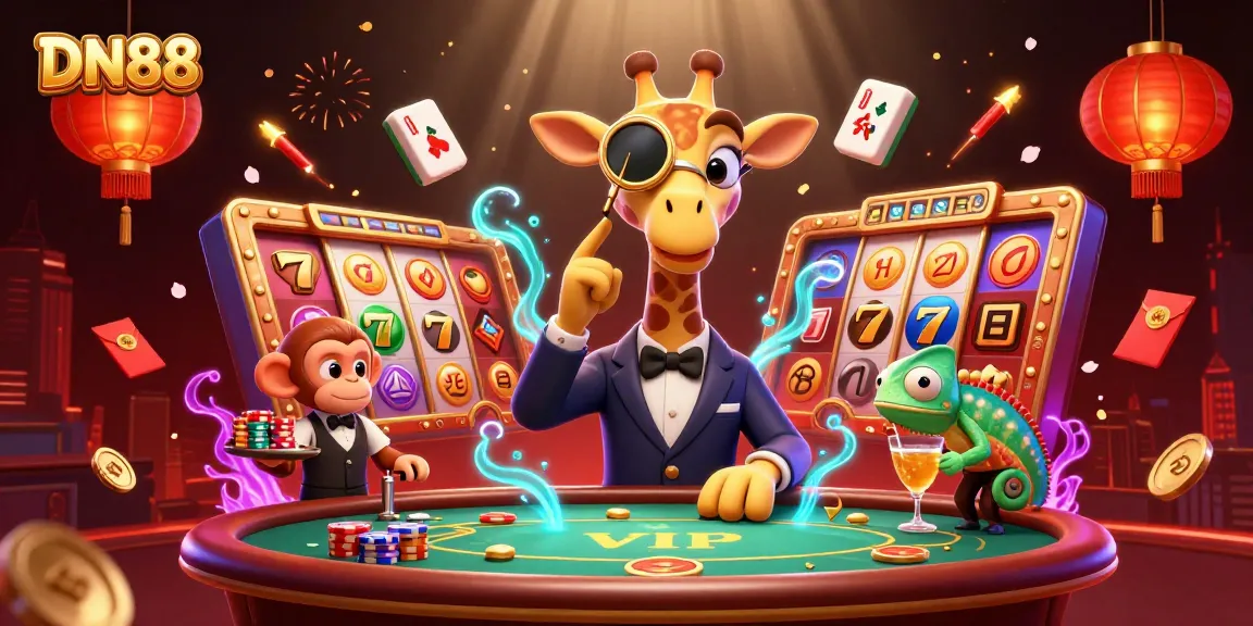 Experience gaming excitement at DN88 with a high-roller giraffe and casino charms in a vibrant world.