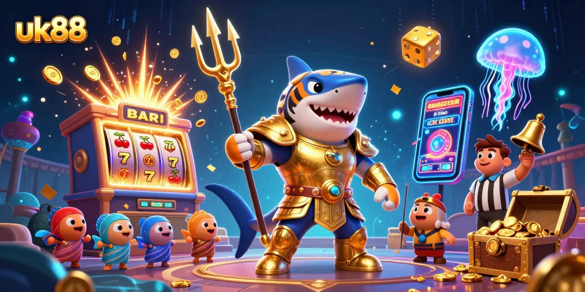 Engage in exciting gaming at uk88 with a dynamic 3D illustration depicting a shark superhero ruling the casino.