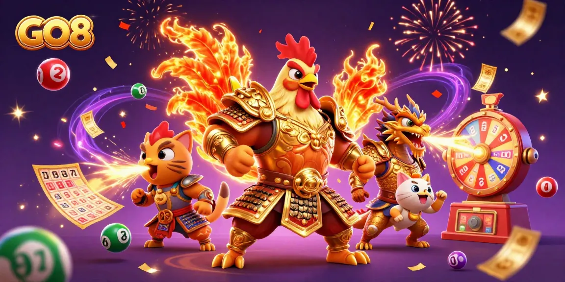 Experience thrilling action with GO8's vibrant 3D illustration of a courageous rooster warrior amidst casino elements.