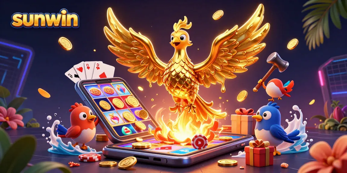 Win big with sunwin in this vibrant scene featuring a golden phoenix and casino elements
