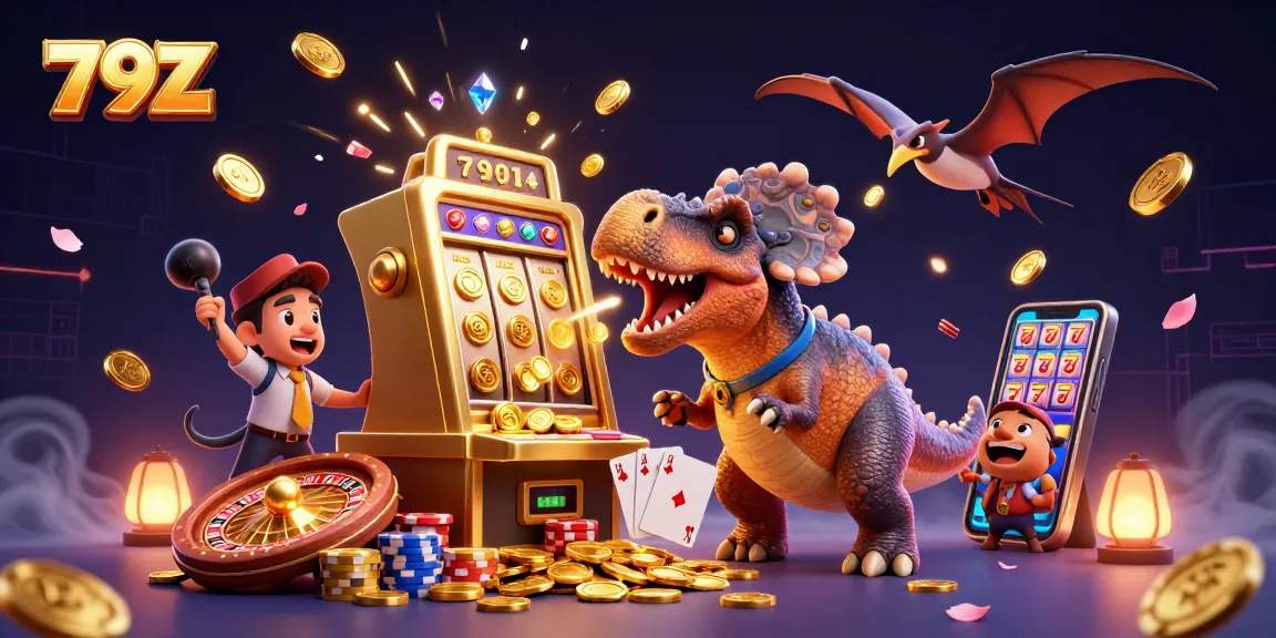 Experience thrilling jackpots at 79Z as a pachycephalosaurus hits a slot machine amidst shimmering coins.