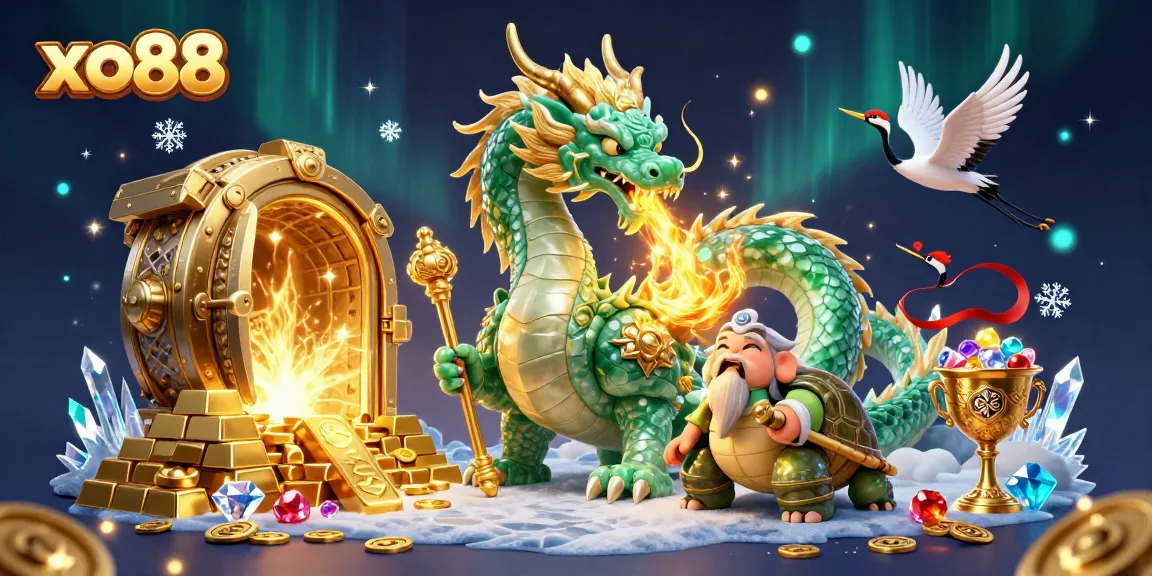 Spin the reels with xo88 in this vibrant illustration featuring a jade dragon and dazzling treasures.
