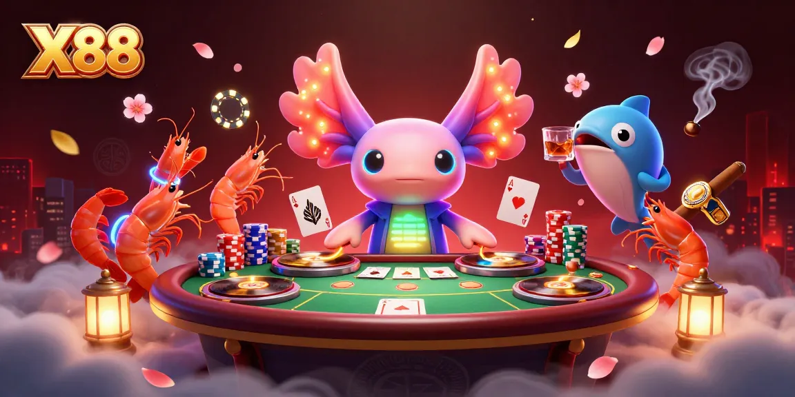 Experience X88's vibrant casino scene with a neon axolotl DJ and animated casino elements.