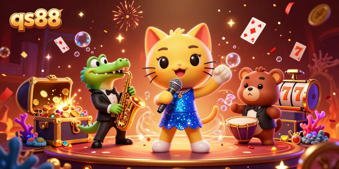 qs88 brings excitement with a jazz-singer cat, saxophone crocodile, and a bear cub, illustrated in an engaging casino scene.