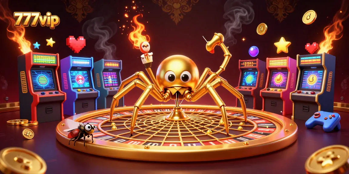 Engage with 777vip as a golden spider spins a casino-themed roulette web of excitement.