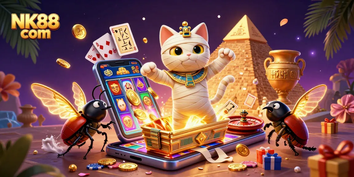 Experience exciting gameplay at NK88 com with an Egyptian mummy cat and slot game adventure.