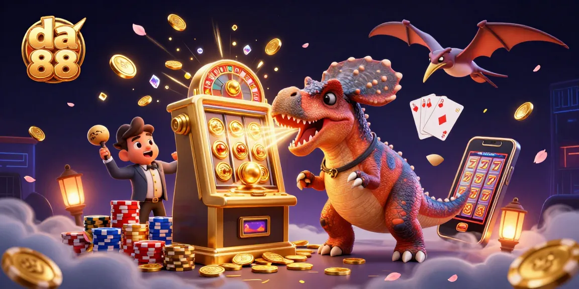 Exciting scene of da 88 with a dinosaur winning jackpots, dynamic slot machine action illustrated.