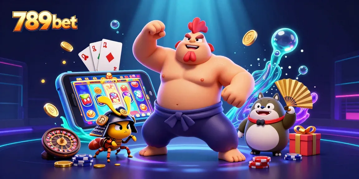 Experience thrilling action with 789 bet as sumo wrestlers and samurai cricket animate a vibrant casino scene.