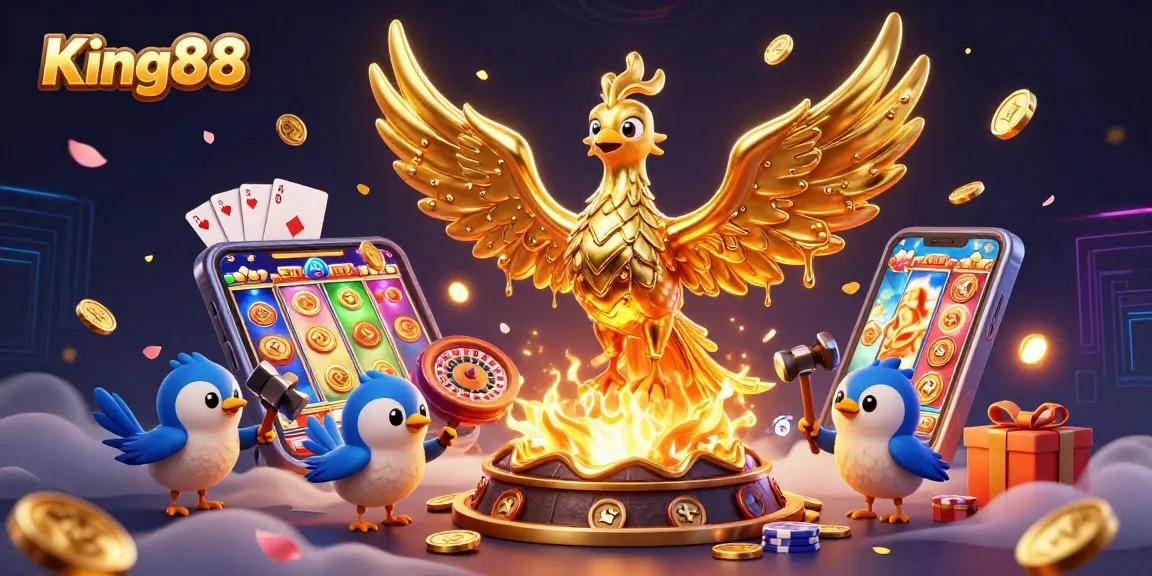 King88 ignites excitement with a golden phoenix symbolizing luck, amidst vibrant slots and casino elements.