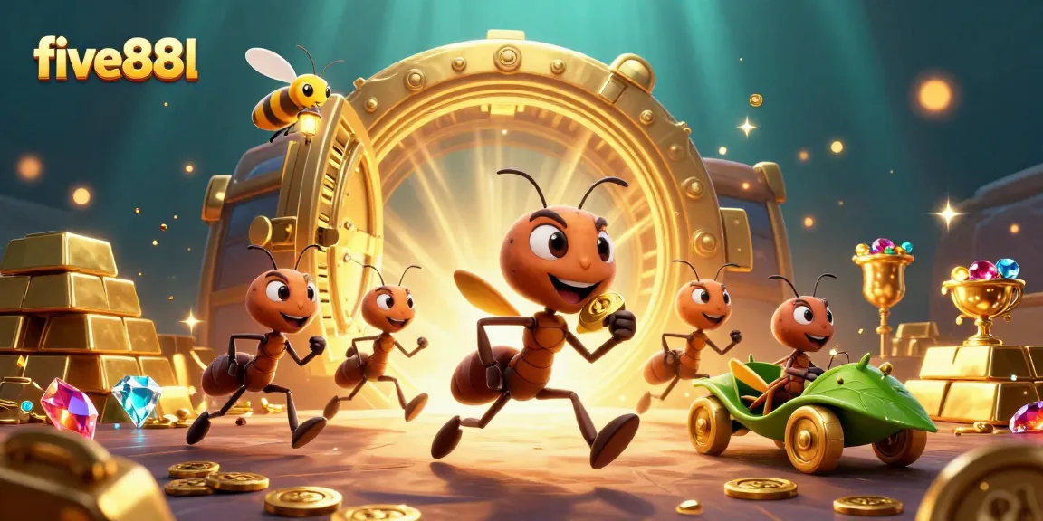 Watch the five88l ants stealthily carry a giant poker chip while gems and gold explode into view.
