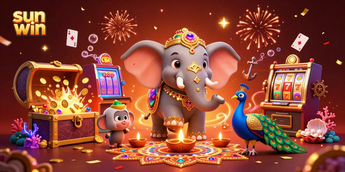 Experience the excitement of sun win slots with a vibrant elephant and magical casino elements.
