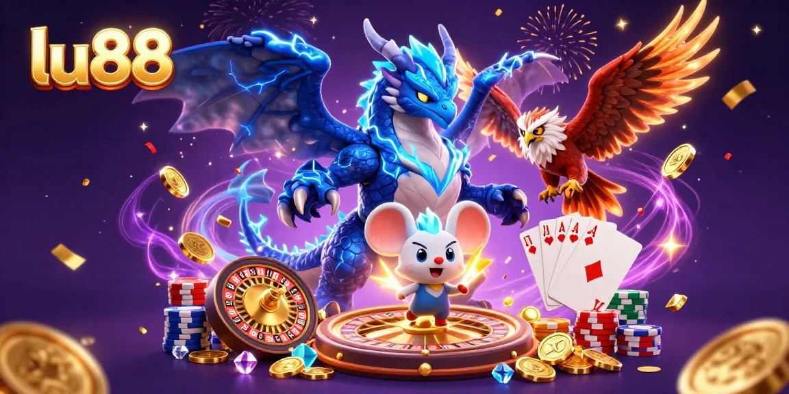 Experience thrilling wins at lu88 with a dynamic illustration featuring vibrant characters and casino elements.