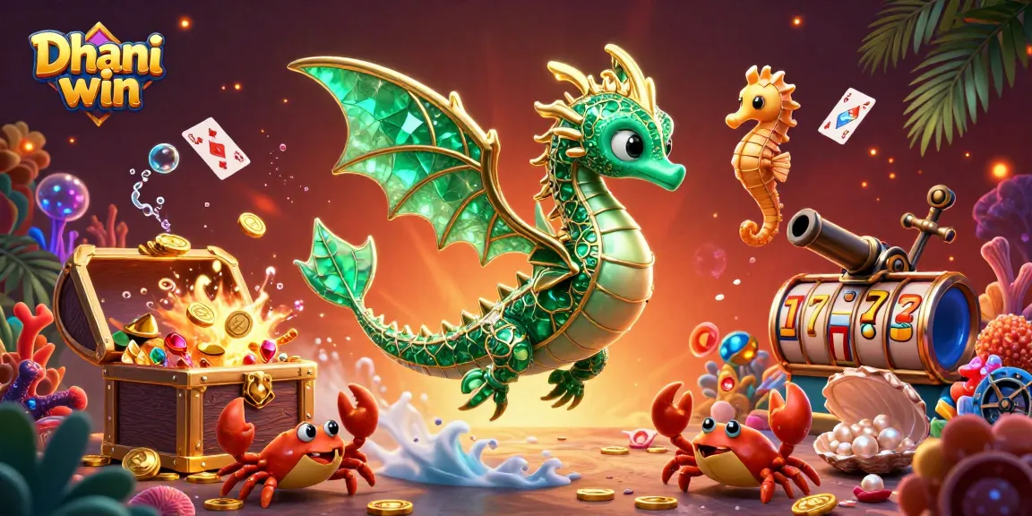 Dhani win showcases vibrant underwater casino games with dynamic characters and sparkling treasures.