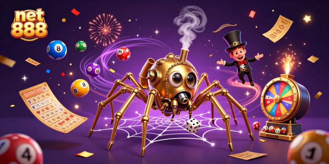 Engage in excitement with net 888 as a steampunk spider captures dice in a vibrant casino scene.