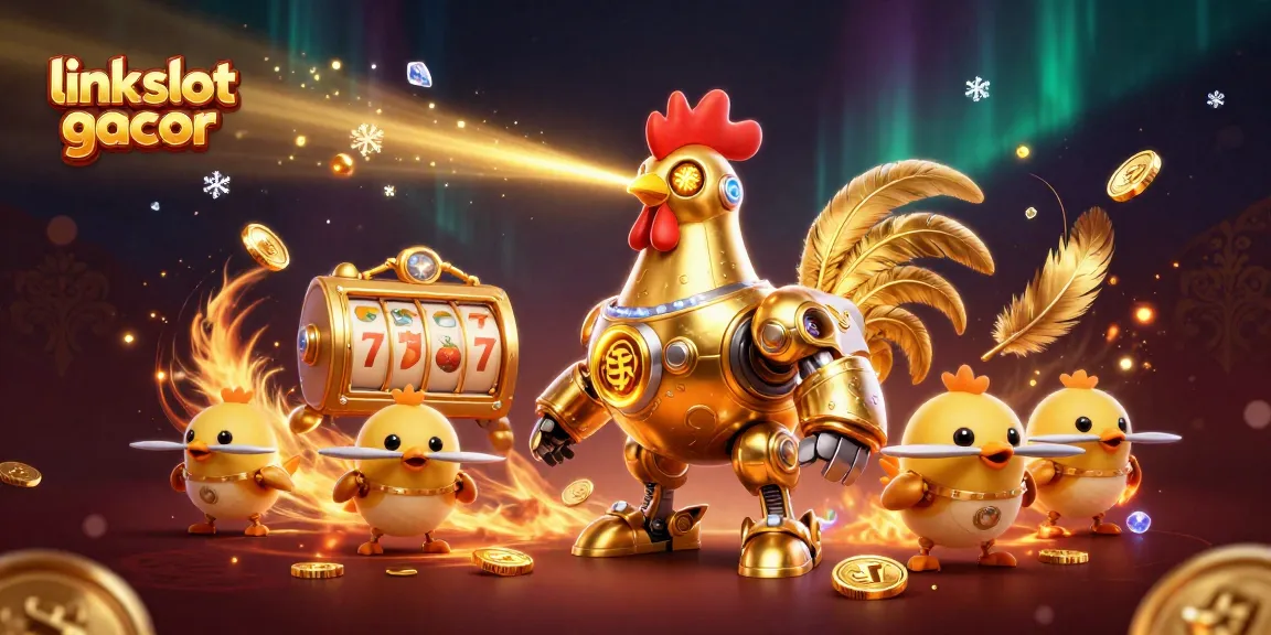 Engage with link slot gacor as a golden rooster robot commands the casino arena with vibrant symbols.