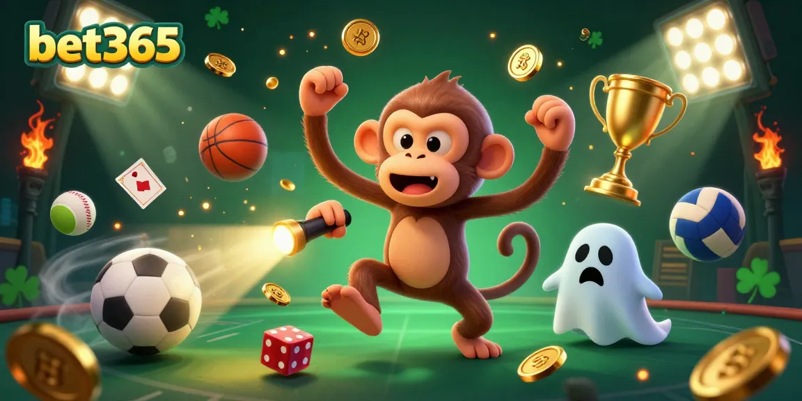 Engage in thrilling betting adventures on bet365 with a haunted casino scene featuring an invisible juggling monkey and a curious ghost-hunter puppy.