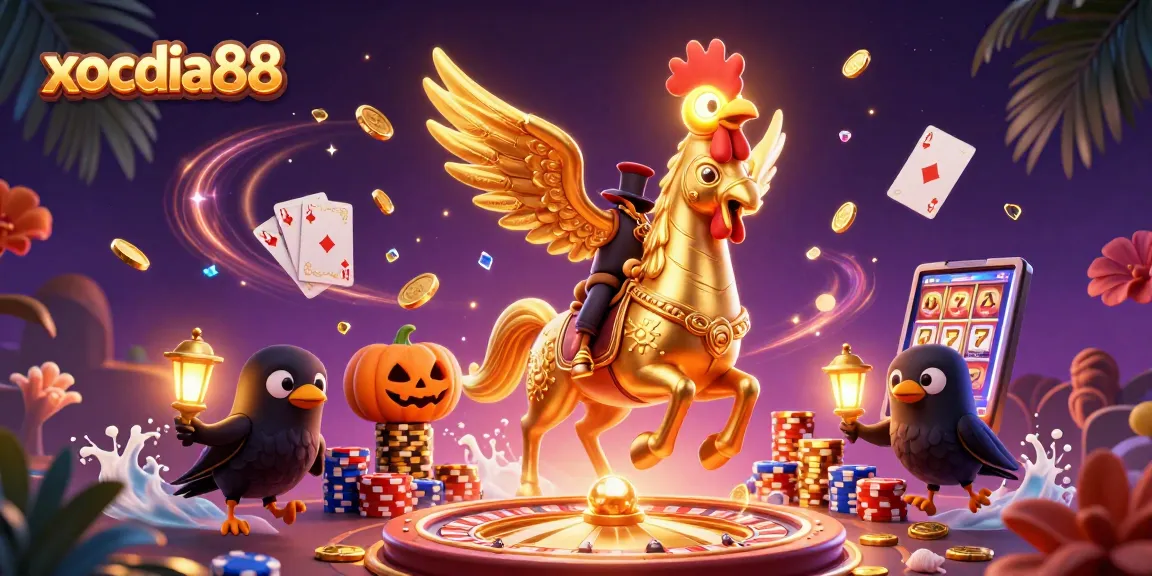 xocdia88 offers an exciting casino experience illustrated with a golden rooster amidst thrilling game elements.