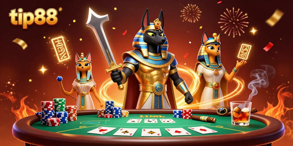 Experience tip88's vibrant casino atmosphere with ancient Egyptian warriors and poker elements.