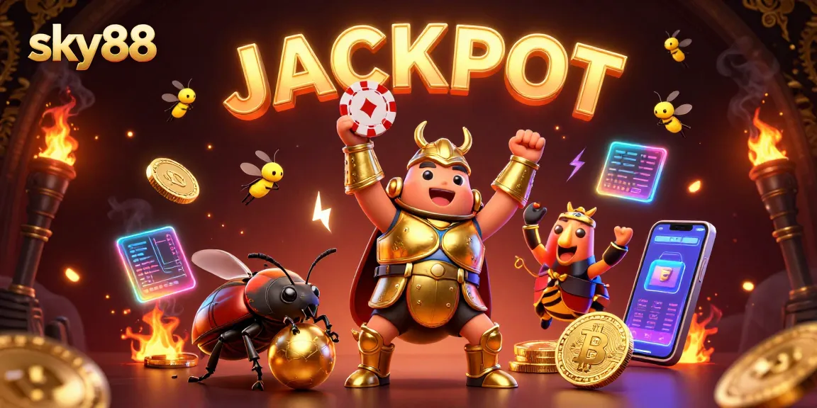Join the sky88 adventure with a victorious beetle, as crypto symbols illuminate the jackpot!