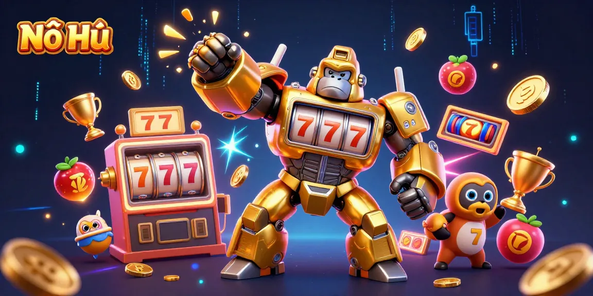 Nổ Hũ jackpot burst with a golden mech and slot elements, embodying thrilling casino gameplay.